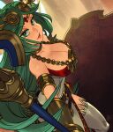  1girl alex_ahad armlet bangs breasts cleavage collarbone commission dress floating_hair forehead_jewel from_side gold gold_headband green_eyes green_hair highres holding holding_staff jewelry kid_icarus kid_icarus_uprising large_breasts laurel_crown lips long_dress long_hair looking_at_viewer looking_to_the_side neck_ring necklace palutena parted_bangs pendant side_slit single_thighhigh solo staff strapless strapless_dress thick_lips thighhighs vambraces very_long_hair white_dress 