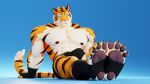  2022 3d_(artwork) abs anthro barazoku biceps big_bulge big_muscles blue_background bulge claws clothed clothing connivingrat digital_media_(artwork) erection erection_under_clothing feet felid fingerless_gloves footwear fur gloves handwear hi_res huge_muscles looking_at_viewer male mammal muscular muscular_anthro muscular_male nipples obliques pantherine pawpads pecs simple_background sitting smile soles solo stead_(connivingrat) thick_thighs tiger toeless_footwear topless topless_anthro topless_male tuft underwear 