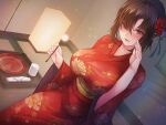  1girl blush breasts brown_eyes brown_hair flower hair_flower hair_ornament japanese_clothes kimono lap_pillow_invitation large_breasts long_hair mimikaki open_mouth original rebe11 red_flower red_kimono solo 