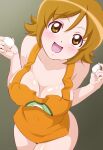  1girl apron breasts brown_apron cleavage collarbone egg fuchi_(nightmare) grey_background hair_between_eyes happinesscharge_precure! highres holding holding_egg large_breasts naked_apron oomori_yuuko open_mouth precure smile solo 