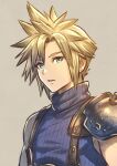  1boy aqua_eyes armor blonde_hair blue_shirt cloud_strife earrings final_fantasy final_fantasy_vii final_fantasy_vii_remake grey_background hair_between_eyes highres hiro_ohtaki jewelry looking_at_viewer male_focus parted_lips portrait shirt short_hair shoulder_armor single_bare_shoulder single_earring sleeveless sleeveless_turtleneck solo spiked_hair suspenders turtleneck upper_body 