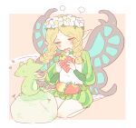  1girl black_wings blonde_hair blue_butterfly blue_wings braid bug butterfly choker fairy flower food frog fruit green_choker hands_up head_wreath holding holding_food holding_fruit ingway_(odin_sphere) katiko long_hair long_sleeves mercedes_(odin_sphere) multicolored_wings no_nose odin_sphere open_mouth orange_eyes pointy_ears puff_and_slash_sleeves puffy_sleeves rock short_jumpsuit sitting twin_braids two-tone_wings wariza white_flower white_footwear wings 