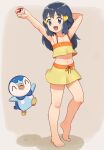  1girl :d alternate_costume armpits arms_up barefoot blue_eyes blue_hair breasts chiwino cleavage collarbone commentary_request crop_top dawn_(pokemon) eyelashes full_body grey_background highres legs long_hair midriff navel open_mouth orange_skirt orange_tank_top piplup poke_ball pokemon pokemon_(game) pokemon_dppt shadow shiny shiny_skin skirt small_breasts smile solo tank_top thighs toes two-tone_skirt yellow_skirt yellow_tank_top 