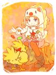  1girl animal_hood anus blonde_hair blue_eyes boots candy chocobo closed_mouth dated final_fantasy final_fantasy_v food full_body halloween hood krile_mayer_baldesion long_hair moogle pantyhose pekamatu ponytail sitting smile tree_stump 