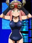  1girl awa boku_no_hero_academia breasts copyright_name covered_navel gloves goggles goggles_on_head hatsume_mei long_hair looking_at_viewer one-piece_swimsuit open_mouth pink_hair solo swimsuit symbol-shaped_pupils wet yellow_eyes 