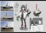  absurdres anchor black_hair black_pantyhose black_skirt gloves goggles goggles_on_head highres jacket lifebuoy mast miniskirt north_abyssor open_mouth original pantyhose personification ship skirt tugboat two-tone_gloves v watercraft white_footwear white_jacket winch yellow_eyes 
