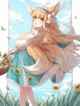  1girl absurdres animal_ear_fluff animal_ears arknights basket blonde_hair blue_hairband blue_skirt blue_sky blush cloud day feet_out_of_frame flower fox_ears fox_girl fox_tail frilled_hairband frills from_side green_eyes hairband highres holding holding_basket jacket kitsune lan_su long_hair long_sleeves looking_away looking_to_the_side multicolored_hair puffy_long_sleeves puffy_sleeves skirt sky solo standing suzuran_(arknights) suzuran_(spring_praise)_(arknights) tail two-tone_hair very_long_hair white_flower white_hair white_jacket yellow_flower 