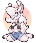  absurd_res anthro big_hair bottomwear breasts camelid clothing cutoffs denim denim_clothing ear_piercing female fur hair hi_res kneeling leah_(leo_llama) leo_llama llama mammal nonbinary_(lore) piercing shorts sitting smile solo tape thick_thighs white_body white_fur white_hair 