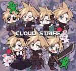  1boy absurdres armor baggy_pants bangs belt black_bow blonde_hair blue_shirt blush boots bow braid brown_footwear buster_sword character_name chibi clenched_hand closed_eyes cloud_strife crossdressing earrings final_fantasy final_fantasy_vii final_fantasy_vii_remake full_body gloves green_scarf hair_bow highres holding holding_sword holding_weapon jewelry looking_to_the_side male_focus materia moogle multiple_views official_alternate_costume open_mouth pants parted_bangs sabotender scarf shirt short_hair shoulder_armor single_earring sleeveless sleeveless_turtleneck smile spiked_hair suspenders sword tears ttnoooo turtleneck twin_braids variations weapon 