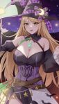  1girl amayo_thranana bangs bare_shoulders blonde_hair blush breasts cleavage corrin_(fire_emblem) corrin_(fire_emblem)_(female) cosplay dress earrings fire_emblem fire_emblem_fates fire_emblem_heroes gem hat highres jewelry large_breasts long_hair looking_at_viewer mythra_(xenoblade) off-shoulder_dress off_shoulder solo swept_bangs very_long_hair witch xenoblade_chronicles_(series) xenoblade_chronicles_2 yellow_eyes 