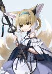  1girl animal_ear_fluff animal_ears arknights bangs bare_shoulders black_gloves blonde_hair blue_hairband braid breasts closed_mouth commentary_request fox_ears fox_girl fox_tail frilled_skirt frills gloves grey_background hair_between_eyes hair_rings hairband highres holding holding_polearm holding_weapon im_catfood multicolored_hair pleated_skirt polearm purple_skirt shirt simple_background single_glove skirt small_breasts smile solo spear suzuran_(arknights) tail twin_braids two-tone_hair weapon white_hair white_shirt yellow_eyes 