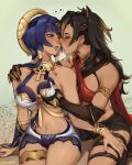  2girls absurdres arm_armor asymmetrical_clothes bangs bare_shoulders black_hairband blush breast_grab breasts brown_lips candace_(genshin_impact) closed_eyes colored_tips criss-cross_halter crossed_bangs dangle_earrings dark-skinned_female dark_skin dehya_(genshin_impact) ear_blush earrings egyptian egyptian_clothes eye_of_horus face-to-face forehead_jewel gem genshin_impact gold_choker gold_trim grabbing hair_ears hairband half-closed_eyes halterneck hand_on_another&#039;s_shoulder hand_on_another&#039;s_thigh heart heterochromia highres imminent_kiss jewelry large_breasts lips lipstick makeup multicolored_hair multiple_girls nail_polish navel neck_ring oofxyphxia open_mouth pants parted_lips purple_nails red_gemstone saliva short_hair_with_long_locks single_pantsleg sitting spoken_heart streaked_hair sweat thighlet thighs tongue tongue_out torn_clothes torn_pants triangle_earrings yuri 