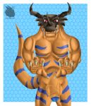  absurd_res anthro balls bandai_namco blue_glans blue_stripes claws digimon digimon_(species) dinosaur genitals glans greymon hi_res horn male muscular orange_body orange_scales pecs penis reptile scales scalie solo stripes thescorchingdragon 