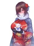  1girl black_gloves blush breasts flower gloves hair_flower hair_ornament highres holding holding_toy horns japanese_clothes kimono large_breasts medium_hair orange_eyes original rebe11 red_flower red_kimono solo stuffed_cow toy 