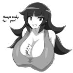  bangs bare_shoulders between_breasts black_hair blunt_bangs breasts greyscale hime_cut huge_breasts jadf long_hair looking_at_viewer messy_hair monochrome nintendo nintendo_switch_(personification) non-web_source open_mouth original personification shiny_clothing shirt smile tight tight_shirt upper_body 