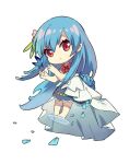  1girl blue_butterfly blue_flower blue_hair blue_skirt bow bug butterfly chibi closed_mouth commentary_request flower full_body hinanawi_tenshi leaf long_hair looking_at_viewer no_headwear petals rainbow red_bow red_eyes shirt simple_background skirt solo touhou white_background white_shirt yayin_(yayin233) 