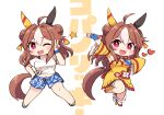  2girls ahoge animal_ears breasts brown_hair chibi copano_rickey_(umamusume) double_bun dress ear_covers frilled_dress frills gaze_on_me!_outfit_(umamusume) hair_bun highres horse_ears horse_girl horse_tail looking_at_viewer medium_breasts medium_hair midriff multicolored_hair multiple_girls navel one_eye_closed open_mouth red_eyes sandals shirt shorts simoyuki simple_background smile streaked_hair tail tied_shirt translation_request umamusume v white_background white_shirt yellow_dress 