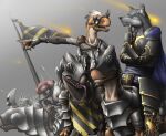  2009 ambiguous_gender anthro armor battle body_armor canid canine canis combat_helmet dinosaur dromaeosaurid feral feral_armor furgonomics group headgear helmet mammal medieval melee_weapon polearm reptile riding scalie soldier spear theropod vader-san warrior weapon wolf 