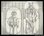  2022 absurd_res balls bathroom blacksad bodily_fluids clothed clothing coat duo felid feline foreskin garo_(artist) genital_fluids genitals hand_on_hip hat headgear headwear hi_res holding_penis john_blacksad kinktober looking_at_another looking_at_genitalia looking_at_penis male male/male mammal monochrome mustela mustelid musteline peeing penis plantigrade pubes public_restroom simple_background size_difference topwear true_musteline urine watersports weekly whiskers 