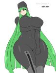  arm_under_breasts bangs black_sclera blush bodysuit breasts colored_sclera frown green_eyes green_hair grey_bodysuit highres hime_cut holding_own_arm huge_breasts impossible_clothes jadf long_bangs long_hair looking_at_viewer microsoft non-web_source original personification shiny shiny_clothes thick_thighs thighs very_long_hair wide_hips xbox_series_x_(personification) 
