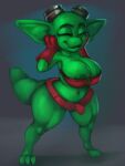  2022 anthro belt big_breasts breasts curvy_figure digital_media_(artwork) eyelashes eyes_closed female green_body green_scales hand_on_face hi_res huge_breasts huge_hips kobold muscular_thighs nipple_slip reptile scales scalie short_stack solo thick_tail thick_thighs voluptuous wabutt 
