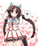  1girl animal_ears bow braid breasts brown_hair buttons cowboy_shot double-breasted dress ear_covers frilled_dress frills hands_on_own_head heart heart_background highres hokko_tarumae_(umamusume) horse_ears horse_girl horse_tail large_breasts long_hair long_sleeves looking_at_viewer multicolored_hair open_mouth purple_eyes simoyuki solo streaked_hair striped striped_bow tail twin_braids umamusume very_long_hair white_dress white_headwear 