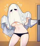  1girl artist_name blush blushyspicy breasts copyright_request cowboy_shot door facing_viewer ghost_costume halloween hands_up heart highres large_breasts navel solo 