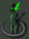  absurd_res anthro big_ears big_tail black_body dragon genitals gesture girly glistening glistening_body glowing glowing_genitalia glowing_markings green_eyes hi_res horn looking_up male markings rubber rubber_creature shaded simple_background slit soft_shading solo standing waving zaks zaks(artist) 