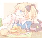 1girl alice_(odin_sphere) animal black_bow black_cat blonde_hair blue_eyes bow butter cat closed_mouth cup food food_on_face fork hair_bow holding holding_fork holding_knife katiko knife mug odin_sphere one_eye_closed pancake pancake_stack plate short_hair smile socrates_(odin_sphere) steam syrup twintails 