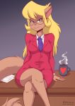  anthro blacklite blonde_hair callie_briggs clothing container crossed_legs cup domestic_cat felid feline felis female green_eyes hair hanna-barbera hi_res looking_at_viewer mammal paper sitting solo suit swat_kats 