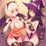  2girls absurdres animal_ears black_hair blonde_hair breasts cat_ears cat_tail demon_girl demon_horns demon_tail fingerless_gloves gloves halloween halloween_costume hat highres horns inoue_takina large_breasts long_hair lycoris_recoil multiple_girls nishikigi_chisato purple_eyes red_eyes short_hair sitting small_breasts tail thighs toba_tsutsumi wings witch_hat 