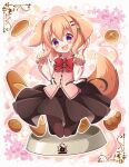  1girl animal_ears baguette bangs black_pantyhose black_skirt bow bowl bowtie bread brown_hair commentary_request dog_ears dog_tail dress_shirt fang floating food frilled_sleeves frills full_moon gochuumon_wa_usagi_desu_ka? hair_ornament hairclip highres hoto_cocoa kemonomimi_mode legs_up long_sleeves looking_at_viewer medium_hair medium_skirt moon neru_(neruneruru) open_mouth outline pantyhose partial_commentary paw_pose pet_bowl pink_vest purple_eyes red_bow red_bowtie shirt skin_fang skirt smile solo tail vest white_outline white_shirt wing_collar 