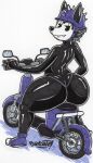  2021 anthro armor big_butt bike_helmet black_body butt canid canine canis clothing fan_character fleischer_style_toon footwear headgear helmet hi_res looking_at_viewer looking_back male mammal motorcycle parasitedeath shoes sneakers solo tagme thong toony underwear vehicle wolf wolf_(parasitedeath) 