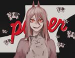  1girl 1other cat chainsaw_man cow cross-shaped_pupils hair_between_eyes horns long_hair looking_at_viewer meowy_(chainsaw_man) nakano_(2_mannaka) pink_hair pink_shirt power_(chainsaw_man) red_horns sharp_teeth shirt small_horns smile solo_focus sweater teeth white_cat yellow_eyes 
