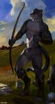  2022 abs anthro archery armor arrow_(weapon) boots bracers castle chunie clothed clothing cougar detailed_background digital_media_(artwork) felid feline footwear hi_res holding_bow_(weapon) keg looking_at_viewer male mammal muscular muscular_male nipples outside ranged_weapon smile solo tankard topless underwear weapon 
