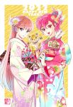  2girls animal_print animal_puppet aqua_eyes arrow_(projectile) back_bow bangs border bow brown_hair cowboy_shot equuleus_shoko floral_print flower hair_between_eyes hair_flower hair_ornament happy_new_year highres holding holding_arrow holding_flower japanese_clothes kido_saori kuori_chimaki long_hair long_sleeves looking_at_viewer medium_hair multiple_girls obi open_mouth pink_eyes pink_hair ponytail saint_seiya saint_seiya_saintia_sho sash signature smile straight_hair teeth tiger tiger_print upper_teeth wide_sleeves 