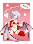  1girl bangs bat_wings bikini black_wings blue_hair bob_cut breasts chocolate commentary dai_zu_san elbow_gloves english_commentary english_text food_on_body front-tie_bikini_top front-tie_top gloves halterneck happy_valentine highres imagining looking_at_viewer low_wings medium_breasts outside_border parted_lips red_bikini red_eyes red_gloves red_thighhighs remilia_scarlet short_hair side-tie_bikini_bottom sitting smile solo swimsuit thighhighs thought_bubble touhou translated wariza wings 
