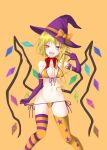  1girl absurdres asymmetrical_legwear bangs bikini bikini_pull blonde_hair bow bowtie clothes_pull commentary crystal dai_zu_san elbow_gloves flandre_scarlet front-tie_bikini_top front-tie_top gloves halloween halloween_costume halterneck hat hat_bow highres long_hair looking_at_viewer medium_hair mismatched_legwear multicolored_thighhighs navel open_mouth orange_background orange_bow orange_thighhighs pulled_by_self purple_gloves purple_headwear purple_thighhighs red_bow red_eyes side-tie_bikini_bottom simple_background smile solo standing star_(symbol) star_print string_bikini striped striped_thighhighs swimsuit thighhighs tongue tongue_out touhou w wings witch_hat 