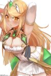  1girl a_big_brother armpits arms_behind_head blonde_hair breasts dress gem hair_ornament highres jewelry large_breasts leaning_forward legs long_hair looking_at_viewer mythra_(xenoblade) pose solo thighs tiara xenoblade_chronicles_(series) xenoblade_chronicles_2 yellow_eyes 