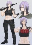  1girl abs absurdres blood blue_eyes boxing_gloves fingerless_gloves fuku_(fuku12290574) gloves gradient_hair grey_background gun highres knee_pads knife military mole mole_under_eye multicolored_hair original purple_hair short_hair shotgun tank_top tattoo toned weapon 