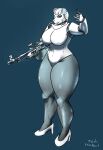  2022 anthro big_breasts breasts clothing cosplay female fur gun haydee haydee_(game) hellpup_(artist) hi_res holding_object holding_weapon looking_at_viewer mammal ranged_weapon simple_background solo standing thick_thighs ursid ursine vasilisa_samusenko_(hellpup) video_games weapon white_body white_clothing white_fur 