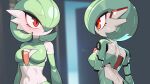  16:9 2022 black_body breasts cleavage_cutout drunk_oak duo eyebrow_through_hair eyebrows female gardevoir generation_3_pokemon green_body green_hair hair hair_over_eye hi_res humanoid iris machine midriff multicolored_body navel nintendo one_eye_obstructed pokemon pokemon_(species) pupils red_body red_eyes robot side_view translucent translucent_hair video_games white_body white_breasts widescreen 