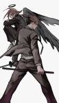  2boys angel_devil_(chainsaw_man) angel_wings bangs black_jacket black_necktie black_pants brown_hair chainsaw_man fetal_position formal grey_wings halo hayakawa_aki highres holding holding_sheath holding_sword holding_weapon jacket katana long_hair looking_back looking_to_the_side medium_hair multiple_boys nakano_(2_mannaka) necktie pants sheath shirt sidelocks simple_background sword topknot weapon white_background white_footwear white_shirt wings 