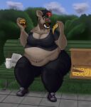  anthro belly big_breasts big_butt bloated breasts burger butt eating expansion feeding female food hyaenid mammal obese organs osiol overweight overweight_anthro overweight_female park pizza pizza_box solo stomach 