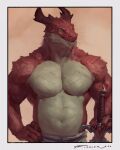  2021 5_fingers anthro artist_name biceps bottomwear clothed clothing dated digital_media_(artwork) dragon fingers hi_res holding_object holding_sword holding_weapon horn male melee_weapon multicolored_body multicolored_scales muscular muscular_anthro muscular_male pecs red_body rook_(nimratu) scales shirtless signature simple_background solo sword taran_fiddler two_tone_body two_tone_scales weapon white_background white_body white_clothing white_scales yellow_eyes 