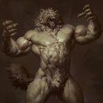  1:1 2022 5_fingers anthro athletic biceps claws fangs feet fingers fur greyscale gulonine hi_res male mammal monochrome muscular muscular_anthro muscular_male mustelid musteline nude open_mouth pecs sharp_teeth simple_background solo standing taran_fiddler teeth toes vein were weremustelid werewolverine whiskers wolverine 