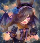  1girl animal_ears bangs black_bow black_bowtie black_gloves black_hair black_hairband black_skirt black_wings blue_flower blue_rose bow bowtie brooch center_frills claw_pose collared_shirt demon_wings fangs flower frilled_hairband frilled_sleeves frills gloves hair_flower hair_ornament hair_over_one_eye hairband halloween halloween_costume high-waist_skirt highres horse_ears horse_girl jewelry lace-trimmed_gloves lace_trim long_bangs long_hair looking_at_viewer nekoneko_gon puffy_short_sleeves puffy_sleeves purple_eyes rice_shower_(make_up_vampire!)_(umamusume) rice_shower_(umamusume) rose shirt short_sleeves skin_fangs skirt solo star_(symbol) twitter_username umamusume upper_body white_shirt wings 