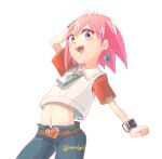  1girl beauty_(bobobo-bo_bo-bobo) belt blue_eyes bobobo-bo_bo-bobo crop_top denim earrings heart highres jeans jewelry looking_at_viewer midriff momobosi navel open_mouth pants pink_hair short_hair short_sleeves simple_background smile solo white_background 