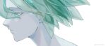  1other androgynous aqua_hair bangs commentary crystal_hair english_commentary from_side green_eyes green_hair hair_over_eyes highres houseki_no_kuni looking_away other_focus phosphophyllite portrait profile short_hair simple_background solo sparkle translucent_hair umino_mozuku white_background 