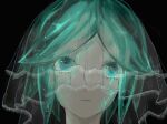  1other androgynous aqua_eyes aqua_hair bangs black_background blue_eyes close-up closed_mouth colored_eyelashes cracked_skin crystal_hair eyelashes highres houseki_no_kuni lace-trimmed_headwear lace_trim looking_at_viewer other_focus phosphophyllite portrait see-through short_hair simple_background solo umino_mozuku veil 